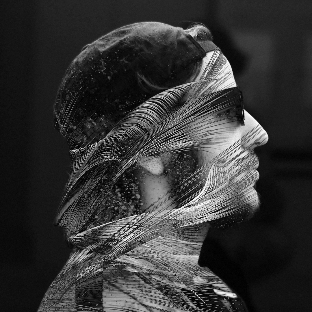 Cover art: a double-exposure portrait merged with feathered texture